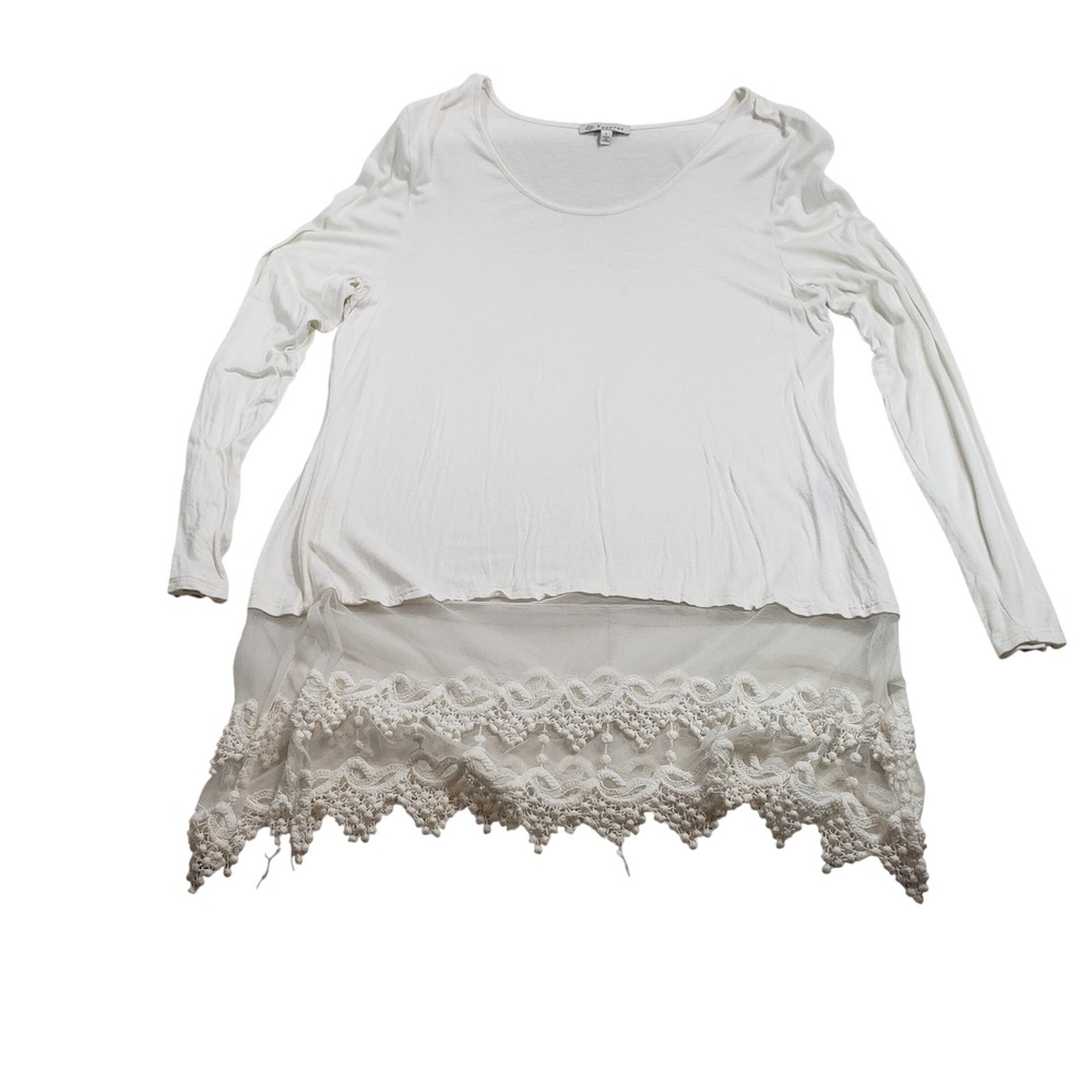 Veveret Womens Lace Hem Long Sleeve Top L White T109‎
